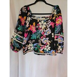 C&C CALIFORNIA Blouse Top Women Med Linen Peasant Floral Boho Vacation